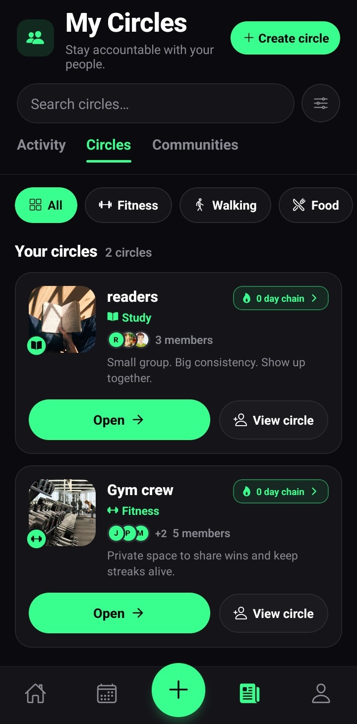 Circles screen with shared group streaks