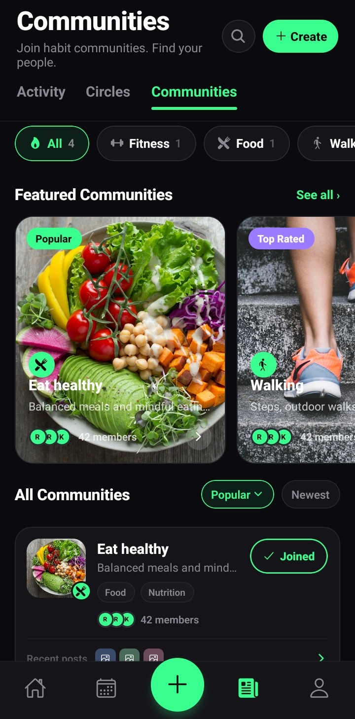 Communities screen with topic groups and leaderboards